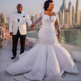 South African Mermaid Wedding Dresses Lace Appliques Plus Size Sheer Long Sleeves Bridal Gowns Satin Sweep Train Wedding Vestido