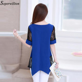 Soperwillton 2016 New Summer Women Lace Blouse Shirt Long Section Plus size 5XL Bottoming Shirt Lace Stitching Tops Blouses D086