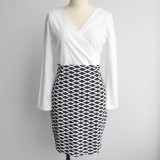 2016 New Womens Sexy Elegant Bodycon Party Dresses White Patchwork V-Neck Knee-Length Slim Work Office Casual Dress