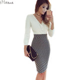 2016 New Womens Sexy Elegant Bodycon Party Dresses White Patchwork V-Neck Knee-Length Slim Work Office Casual Dress