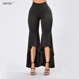 2016 New Women Vintage Irregular High Waist  Loose Solid Black Ruffle Elegant Casual Long Flare Wide Leg Pants