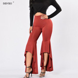 2016 New Women Vintage Irregular High Waist  Loose Solid Black Ruffle Elegant Casual Long Flare Wide Leg Pants