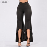 2016 New Women Vintage Irregular High Waist  Loose Solid Black Ruffle Elegant Casual Long Flare Wide Leg Pants
