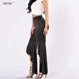2016 New Women Vintage Irregular High Waist  Loose Solid Black Ruffle Elegant Casual Long Flare Wide Leg Pants