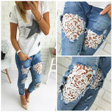 2016 New Women  Lace Denim Skinny Ripped Pants High Waist Stretch Jeans Slim Pencil Trousers L
