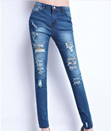2017 Hot Fashion Ladies Cotton Denim Pants Stretch Womens Bleach Ripped Skinny Jeans Denim Jeans For Female