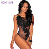 2017 Hot Bodysuit Women Jumpsuit Sexy Rompers Floral Embroidered Sheer Mesh Overalls for Women Bodysuit Sexy Playsuit
