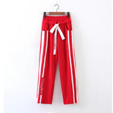 2017 High Waist Wide Leg Pants Loose Drawstring Side Stripes Split Casual Women Pants