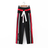 2017 High Waist Wide Leg Pants Loose Drawstring Side Stripes Split Casual Women Pants 2017 High Waist Wide Leg Pants Loose Drawstring Side Stripes Split Casual Women Pants