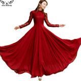 2017 high quality Spring Autumn Elegant Vintage Lace Chiffon Long Dress Slim Long Sleeve Wine Red Party Maxi Dresses Vestidos