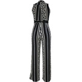 2016 New Clubwear Fashion Women Sleeveless Maxi Overalls Print Gold Belted Wide Leg Jumpsuit  macacao long pant