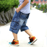 2016 NEW Brand Mens big size loose baggy short jeans for men boy's hip hop skateboard pants for rappers rap trousers blue hiphop