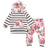 2016 Floral Baby Girl Clothes 2pcs Set Long Sleeve Hooded Striped Sweatshirt Top Flower Pant Outfit Clothing Bebek Giyim Suit