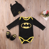 2016 Fashion Newborn Baby Boy Clothes Batman Cotton Romper+Shoes+Hat 3Pcs Outfits Set Bebes Clothing Set