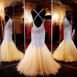 Coral Rhinestone Sexy Backless Mermaid Long Prom Dresses 2016 Spaghetti Strap Crystals Prom Gowns Party Long Evening Dress