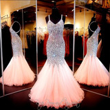 Coral Rhinestone Sexy Backless Mermaid Long Prom Dresses 2016 Spaghetti Strap Crystals Prom Gowns Party Long Evening Dress