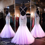 Coral Rhinestone Sexy Backless Mermaid Long Prom Dresses 2016 Spaghetti Strap Crystals Prom Gowns Party Long Evening Dress