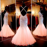Coral Rhinestone Sexy Backless Mermaid Long Prom Dresses 2016 Spaghetti Strap Crystals Prom Gowns Party Long Evening Dress
