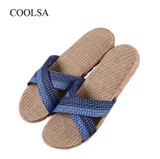 COOLSA Men's Non-slip Cross-tied Linen Slippers Fashion Flat Flip Flops Indoor Bathroom Slippers Men's Flax Slides Flip Flops