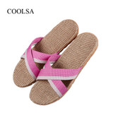 COOLSA Men's Non-slip Cross-tied Linen Slippers Fashion Flat Flip Flops Indoor Bathroom Slippers Men's Flax Slides Flip Flops