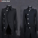 Cool Men's Fashion Patchwork Collar Epaulet Long Woolen Trench Coat with Belt 2017 Black/Dark Blue Autumn/Winter Slim Fit Coat
