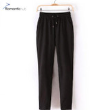 2017 New Summer Pants Women OL Chiffon Mid Waist Harem Pants Bow Tie Drawstring Sweet Elastic Waist Pocket Loose Casual Trousers