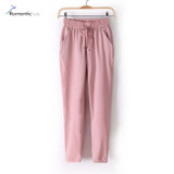 2017 New Summer Pants Women OL Chiffon Mid Waist Harem Pants Bow Tie Drawstring Sweet Elastic Waist Pocket Loose Casual Trousers