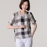 2017 New Summer kimono Casual Women Blouses Plus Size Loose linen Cotton Plaid Shirt round Neck Blusas Feminina Women tops