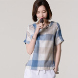 2017 New Summer kimono Casual Women Blouses Plus Size Loose linen Cotton Plaid Shirt round Neck Blusas Feminina Women tops