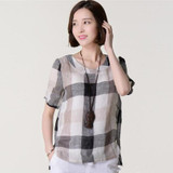 2017 New Summer kimono Casual Women Blouses Plus Size Loose linen Cotton Plaid Shirt round Neck Blusas Feminina Women tops