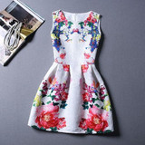 2017 New Summer Casual Dresses Women Sleeveless Vest Dress Lady Floral Print O Neck A Line Party Short Slim Dress Vestidos
