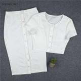 2016 Winter Autumn Dress 2 Piece Set Knitted Button White  Women Sexy Crop Bodycon Party Dresses Two Pieces Outfits Vestidos