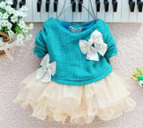 2016 Top Selling Baby Girls Dress Spring Autumn Knitted Tops Lace Bowknot Dresses Children Girls Princess Dresses Clothing
