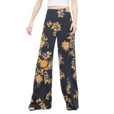 2016 Summer Women Wide Leg Pants Causal High Waisted Loosen Long Pants for Female Floral Printing Black Trousers Boho