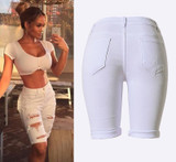 2016 Summer White Denim Destroyed Bermuda Shorts Women Ripped Hole Plus Size High Waisted Jeans Short Feminino