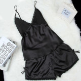 2016 summer style pajamas sets Women Female Sleep set Women's Deep V-neck Sexy Spaghetti Strap Shorts Sleepwear silk homewear