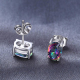 2016 New Wholesale 1.5ct Women Fashion Genuine Natural Fire Rainbow Mystic Topaz Earrings Stud Oval Solid 925 Sterling Silver