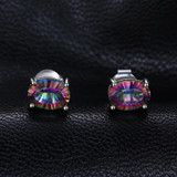 2016 New Wholesale 1.5ct Women Fashion Genuine Natural Fire Rainbow Mystic Topaz Earrings Stud Oval Solid 925 Sterling Silver