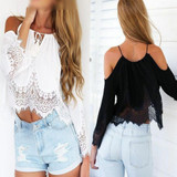 2016 New Summer Chiffon shirt Women Off Shoulder Blouse Casual Crop Tank Tops Cover up Boho white Lace Blouse Femme blusas 2016 New Summer Chiffon shirt Women Off Shoulder Blouse Casual Crop Tank Tops Cover up Boho white Lace Blouse Femme blusas