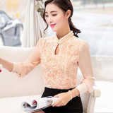 2016 New style Women long sleeved Casual shirt Patchwork Chiffon blouse Sexy Flower Beaded lace Tops Women clothing 160E15
