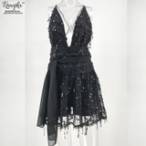 Reaqka sexy women sequined mini dress party 2017 New Arrivals Summer V neck black gold Halter clubwear sundress sequins factory