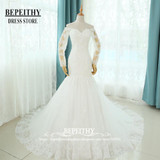 Real Photos Vestido De Novia Mermaid Wedding Dresses Court Train Long Sleeve Customized Cheap Brides Dress Long Lace Bridal Gown