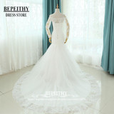 Real Photos Vestido De Novia Mermaid Wedding Dresses Court Train Long Sleeve Customized Cheap Brides Dress Long Lace Bridal Gown