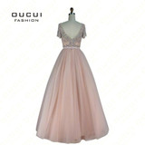 Real Photos Ivory Color Crystal Short Sleeves Ball Gown Formal Long Prom Dress Evening Party OL102911 vestidos de festa
