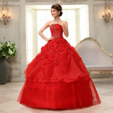 Real Photo vestido de noiva de 2017 New Koreal Style Flowers Strapless Pink Red Princess bridal Wedding Dress Lace Up Ball Gown