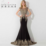 Real Photo Royal Blue Long Mermaid Evening Dresses 2017 Sheer Back Gold Applqiue Evening Gown Formal Dress Prom robe de soiree