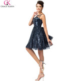 Real Photo Grace Karin Cocktail Dresses Navy Blue Short Cocktail Party Dress Luxury Sequins Sparkling Knee Length Cocktail Dress