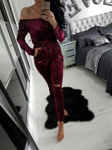 S-2XL Elegant Rompers Women velvet Jumpsuit Fashion Bodysuit long Sleeve off shoulder hole Romper Playsuits Long Pants