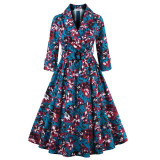S- 4XL Women Dress Vintage 1950s 60s Rockabilly Floral Print Autumn Three Quarter Elegant Plus Size Dresses Tunic Vestidos