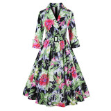 S- 4XL Women Dress Vintage 1950s 60s Rockabilly Floral Print Autumn Three Quarter Elegant Plus Size Dresses Tunic Vestidos